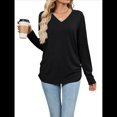 thumbnail image 3 of Camisetas de Mujer con Cuello en V, Larga, Informales, Básicas, Lisas y Suaves Negro XL, 3 of 10
