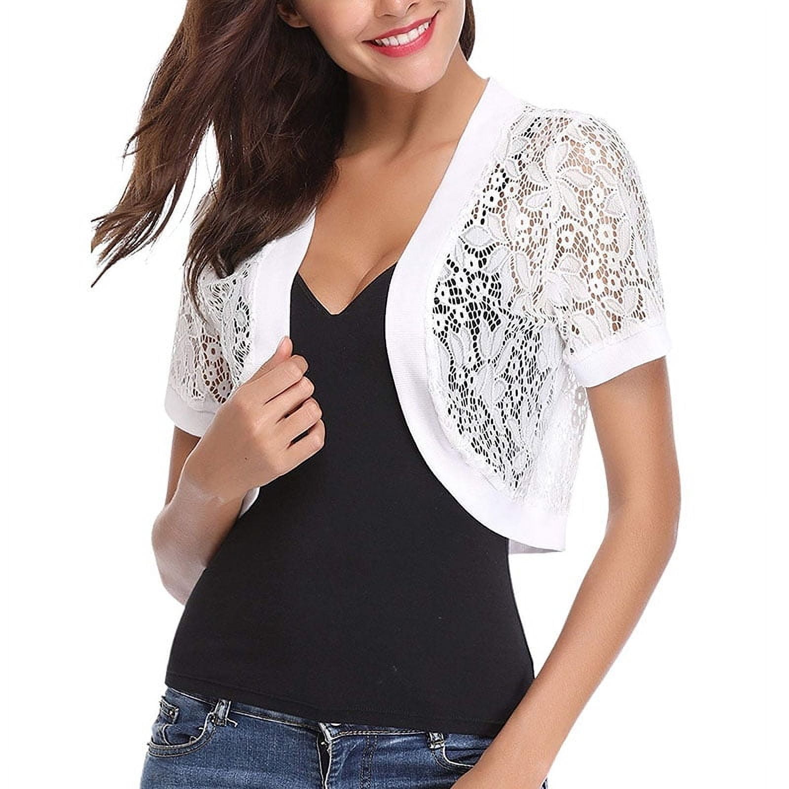 Women Short Sleeve Floral Lace Shrug Open Front Bolero Cardigan