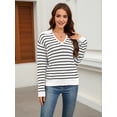 thumbnail image 4 of Womens Sweaters 2025 V Neck Long Sleeve Striped Tops Fall Winter Comfy Knit Clothes Pullover Sweater White & Black L, 4 of 7