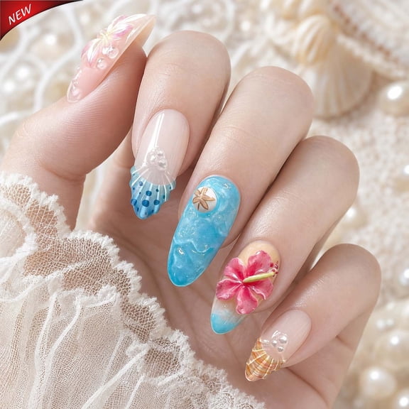 Long Almond Press On Nails for Women,Summer Ocean 3D Carved Flower Shell Glue On Fake Nails,Full Cover Shimmer Acrylic False Nail Tips, Handmade Stick On Manicure, Reusable Artificial Nail Kit,30Pcs