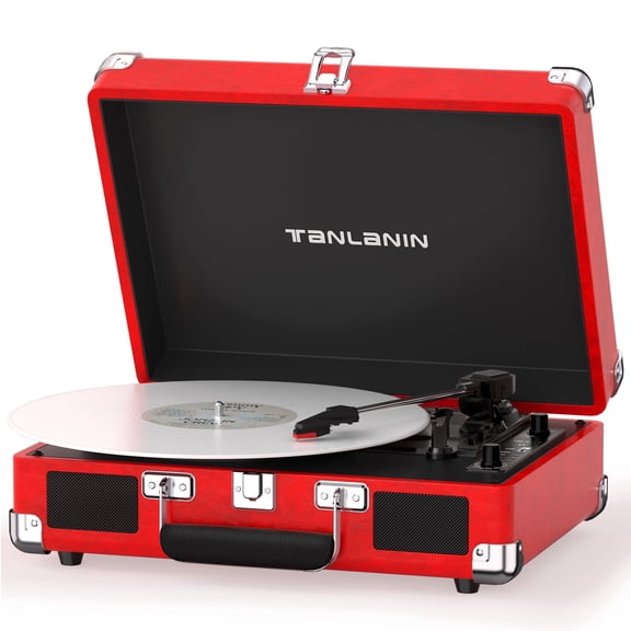 TANLANIN Red Bluetooth Record Player, 3-Speed Turntable with Built-in Speakers