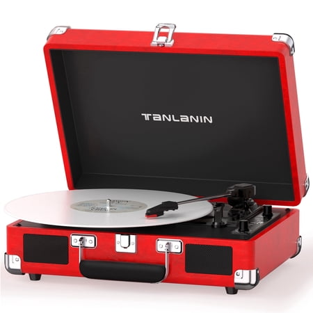 TANLANIN Red Vinyl Record Player, 3-Speed Bluetooth Suitcase Turntable with Built-in Stereo Speakers, Belt-Drive LP Player with RCA, AUX-in, Headphone Jack & Auto-Stop