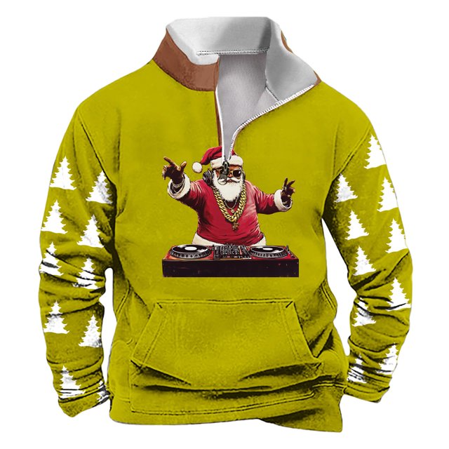 Sudadera sin capucha para hombre, de invierno, con cuello alto, cremallera, estampado navideño, jersey de manga larga, sudadera con capucha, blusa de poliéster para hombre
