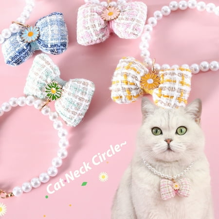YEAUEME Pet Collar Faux Pearl Pet Necklace with Bow Decorations Adjustable Cat Neck Circle Princess Jewelry Pet Supplies