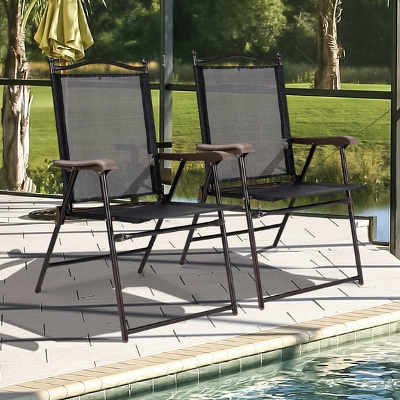 Costway Conjunto de 2 Sillas Plegables para Patio con Apoyabrazos Sillas de Comedor Portátiles para Terraza Piscina Jardín 64 x 58 x 91 cm