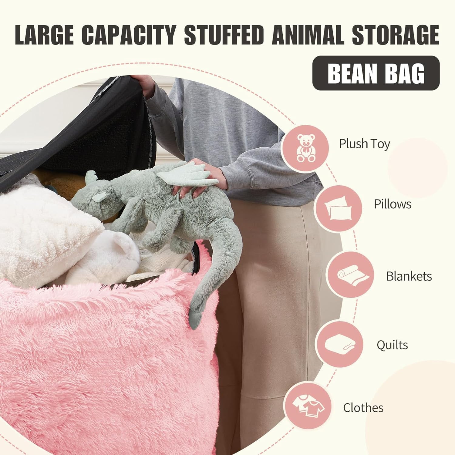 Fluffy Bean Bag for Stuffed Animals Storage, Faux Fur Washable Bean Bag Chair Cover(No Filler) for Textile Plush Toys, Beanbag Chair Cover for Adults Kids Teens, 6FT, Pink