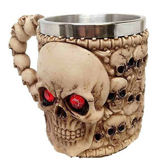 SKELETON SKULL HEAPS RED CRYSTAL EYES RESIN DRINKING MUG WITH STAINLESS RIM INT