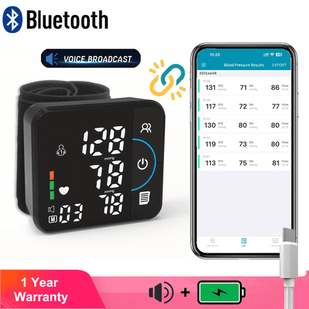 Wrist Electronic Blood Pressure Monitor with Voice Broadcast, Type-C Rechargeable, Adjustable Wrist Cuff, Large LCD Display, 150 Sets Memory Record, Portable for Home and Travel Use