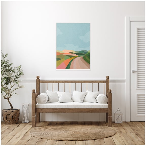 Kate and Laurel Beautiful Landscape with Road Framed Canvas Wall Art by July Art Prints 28 x 38 Sylvie White, MidCentury, Landscapes, Abstract Art for Wall Decor, Living Room, Bedroom
