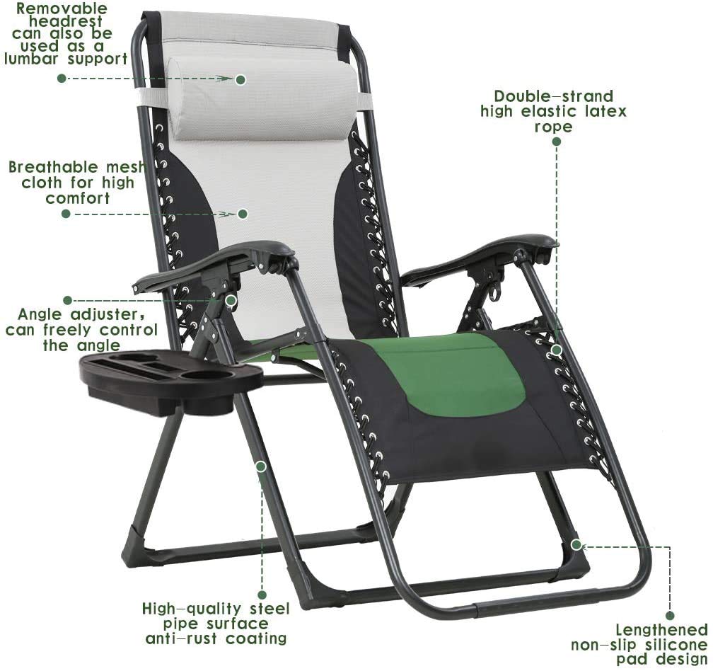 Oversized Zero Gravity Chair XL Folding Lounge Chair Lawn Chair Adjustable Camping Reclining Chair w/Pillow and Cup Holder Tray, 330 lbs Capacity (1 Pack, Green) - image 4 of 10