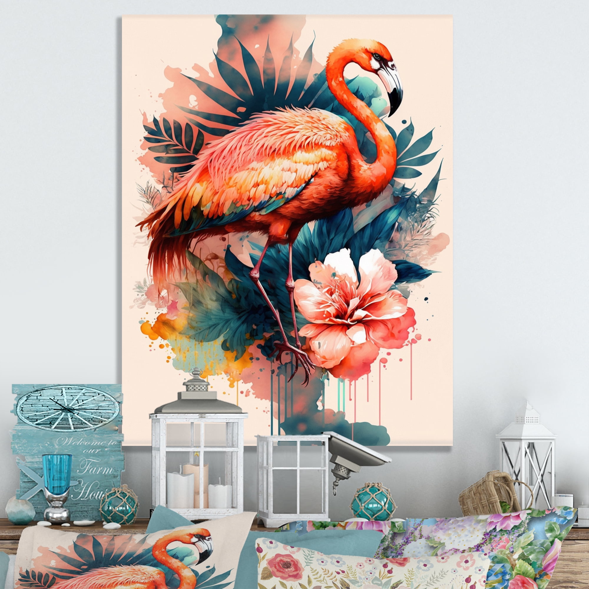 Designart Cute Flamingos Floral Art V Canvas Wall Art