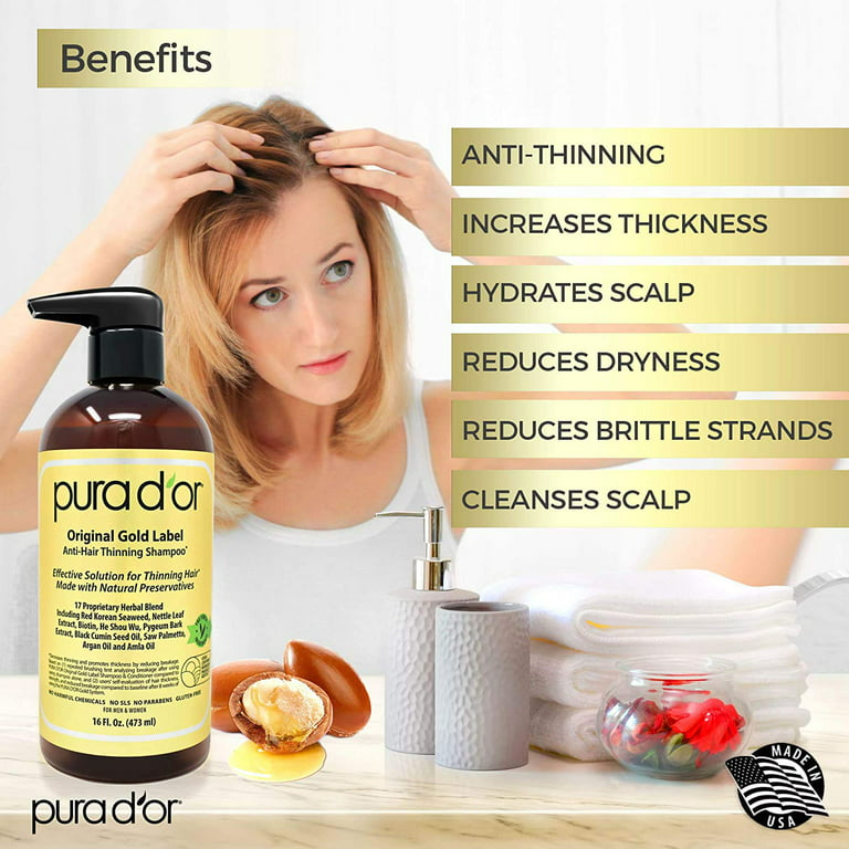 PURA D'OR Original Gold Label Anti-Thinning Biotin Shampoo (16oz) w/ Argan  Oil, Nettle Extract, Saw Palmetto, Red Seaweed, 17+ DHT Herbal Actives, No  Sulfates, Natural Preservatives, For Men & Women 