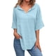 thumbnail image 1 of Gibobby Blusas Manga Larga Para Mujer Camisas de cuello en V de color sólido para mujer, blusa de manga corta de algodón y lino, blusas de túnica informales holgadas de verano（Aqua， XL), 1 of 5
