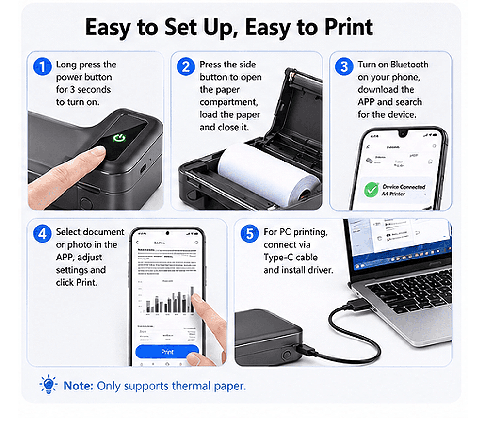 Phomemo Upgraded Portable Printers Wireless for Travel, Bluetooth Inkless Thermal Printer Support 8.5" X 11" US Letter, Mobile Printer for Phone Laptop, for Home Office Receipt, with 4 Rolls Paper