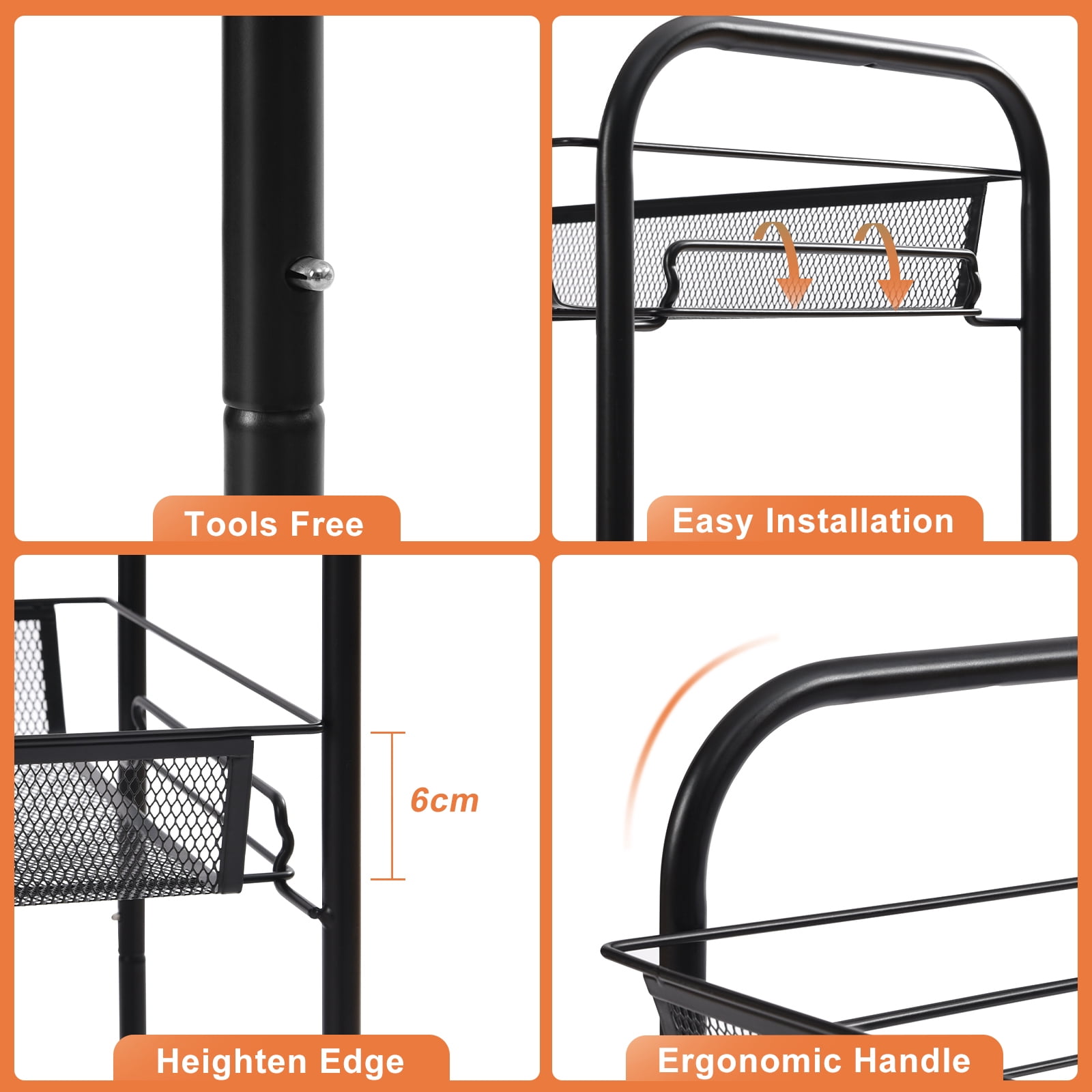 KK KINGRACK 3 Tier Rolling Cart Organizer, Mesh Cart with Wheels, Utility Cart for Office, School,Storage, Black