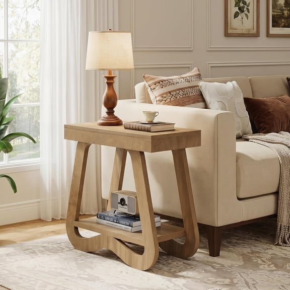 Finmind 2-Tier Narrow End Table, Modern Wooden Side Table with Storage Shelf, Brown