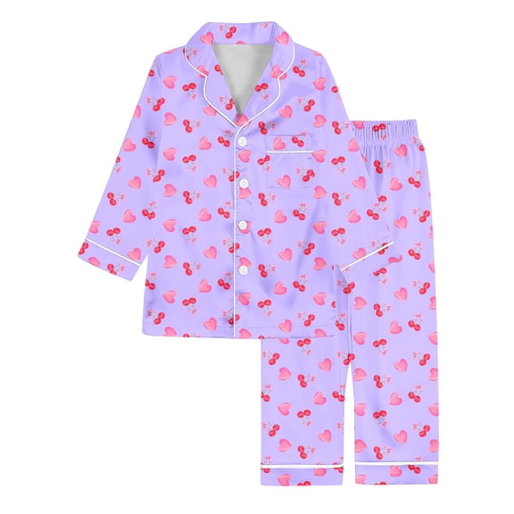 oqasdz Girls Outfits Cute Cherry And Heart Prints Silk Long Sleeve Lapel Button Down Shirts and Pants Comfort Cozy Breathable Home Outfit For Kids