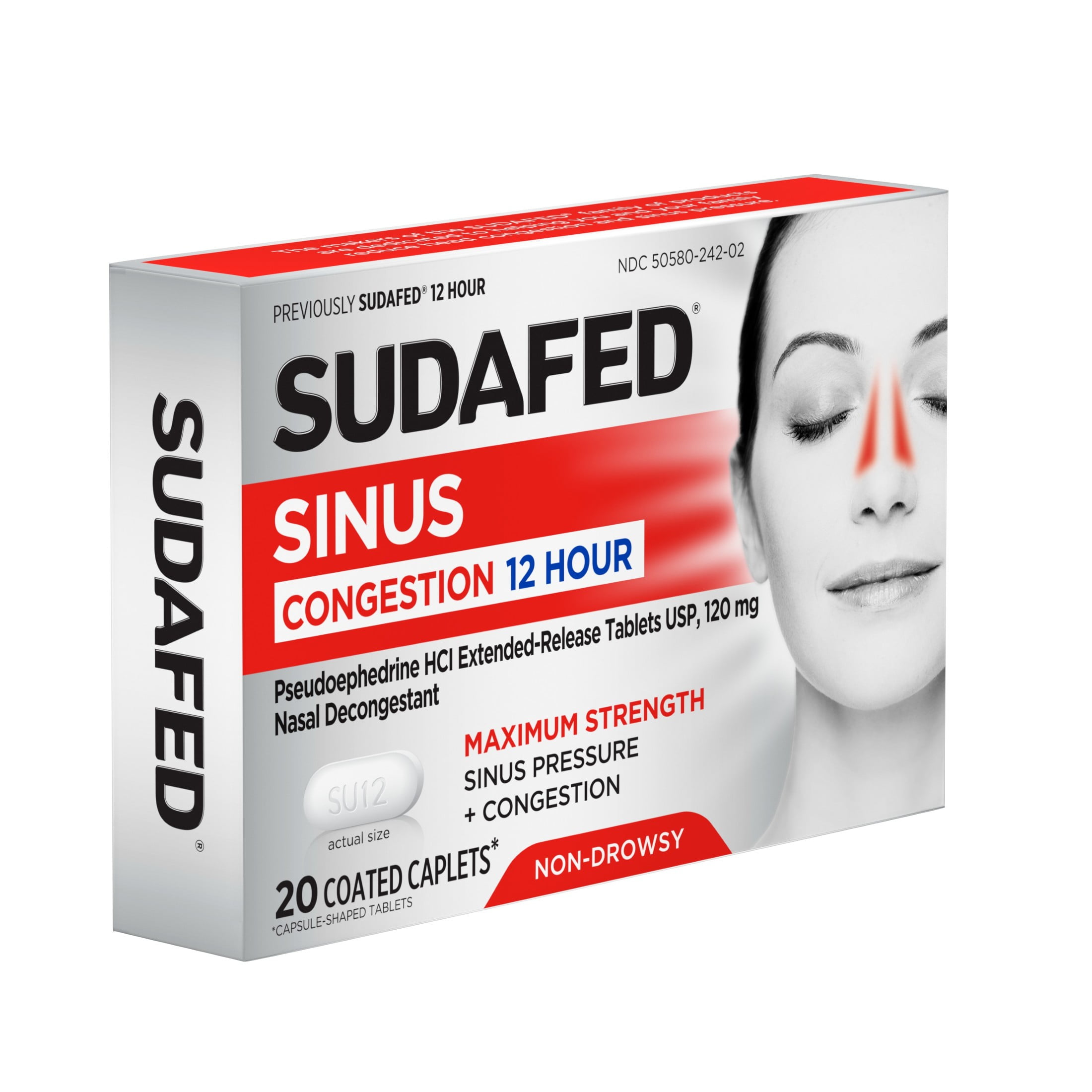 Sudafed Maximum Strength 12 Hr Sinus Decongestant, Non-Drowsy, 20 ct