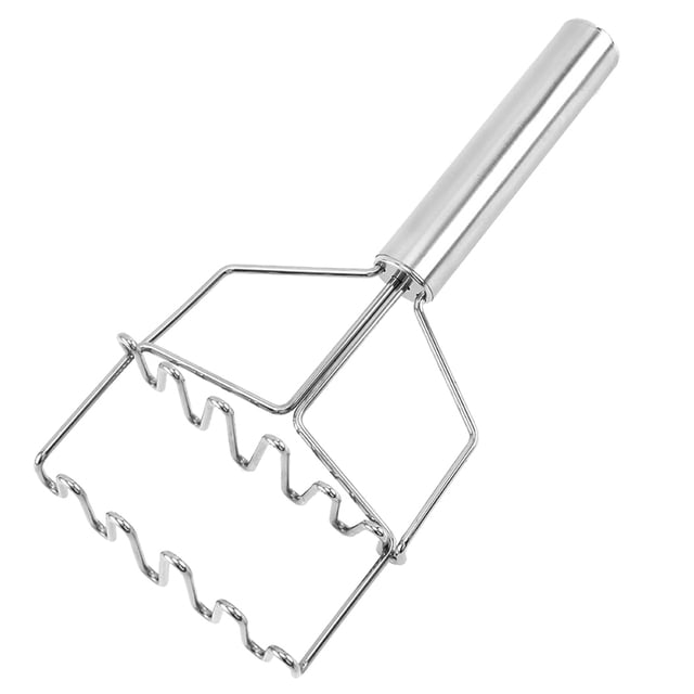 Coofit Stainless Steel Potato Masher with a double-layer design and non-slip handle, shown in a silver finish. The masher features a sturdy stainless steel construction with a zigzag mashing plate for efficient mashing of soft-cooked foods like potatoes and pumpkins. Dimensions are 25.5 x 11.5 cm (10.04 x 4.53 in) for size 1 and 24.5 x 10.5 cm (9.65 x 4.13 in) for size 2.