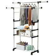 Rolling Clothing Garment Rack, iMounTEK Heavy Duty Metal Clothes Rack with 2 Tier Shelf for Shoes Boxes, Rolling Clothes Organizer, Black