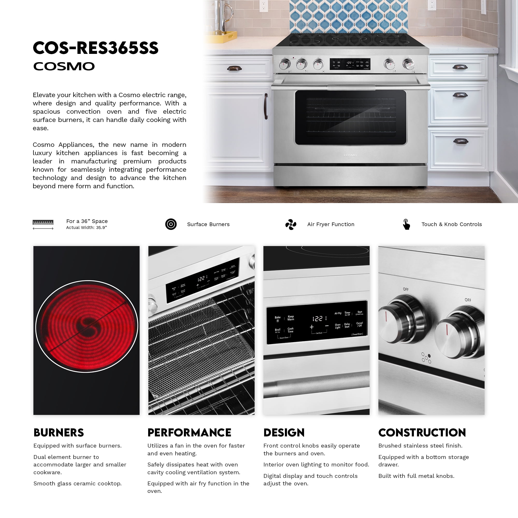 Cosmo 36 in. Stellar Collection 6.1 cu. ft. Electric Range, 5 Burner Ceramic Glass Cooktop, Convection Oven, Stainless Steel