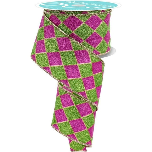 2.5" Glitter Harlequin Ribbon: Pink/Lime (10 Yards)