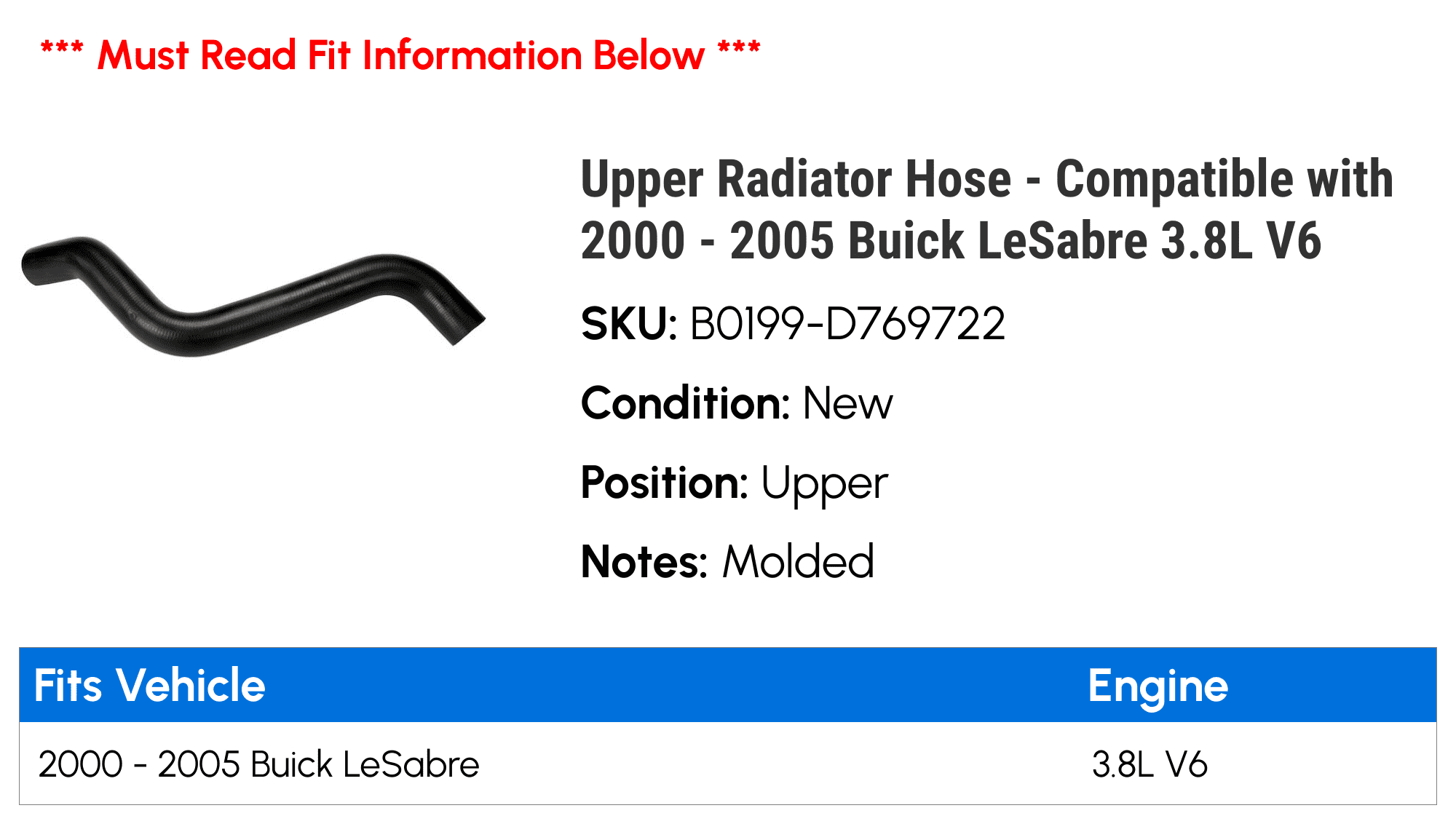 Upper Radiator Hose - Compatible with 2000 - 2005 Buick LeSabre 3.8L V6 2001 2002 2003 2004