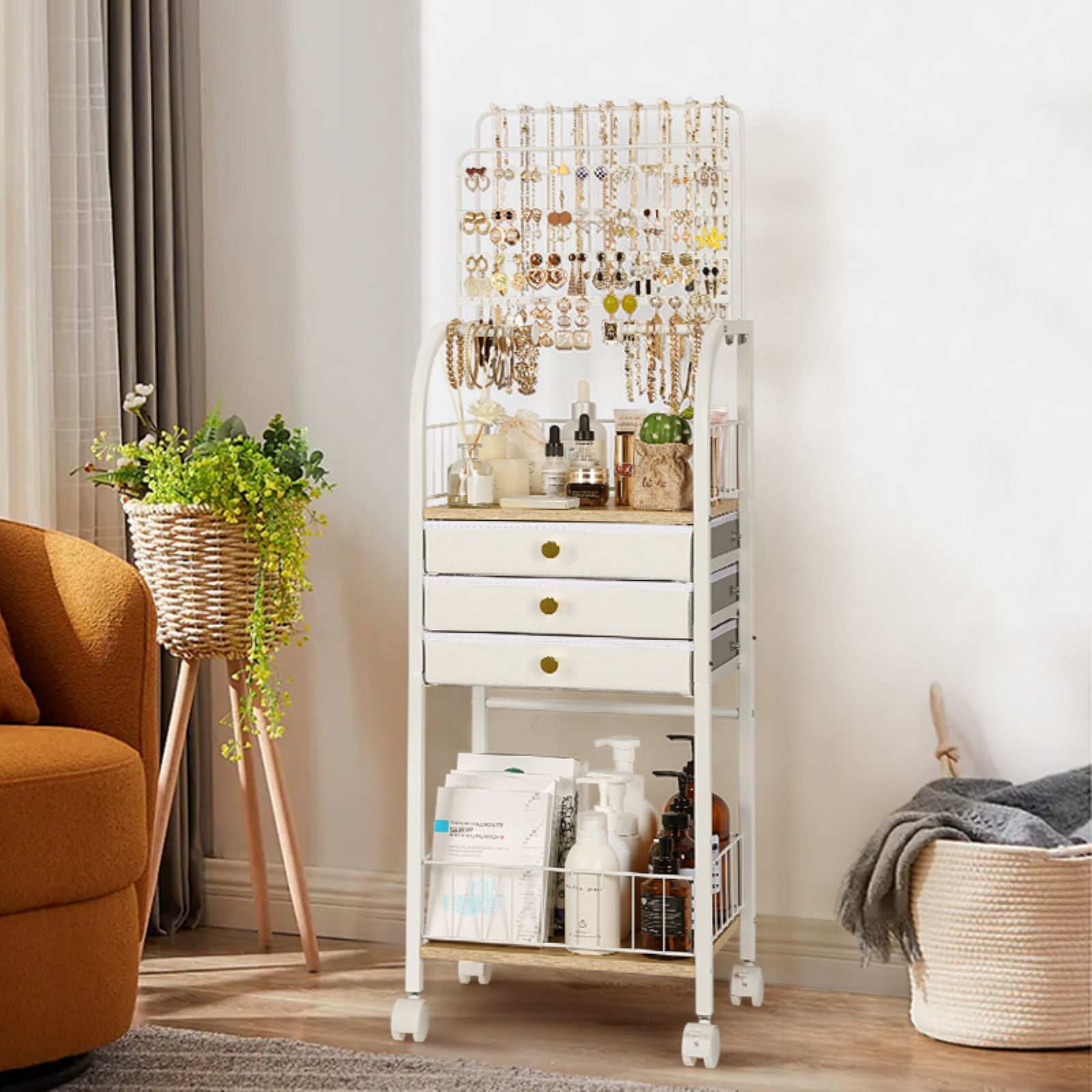 Olakee Large Jewelry Organizer Stand with 3 Drawers — for Necklace, Earring, Ring, Bracelet, Girls & Women, Modern, White