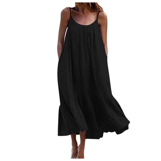 B91xZ Robes Printemps Été pour Femmes Mode Manches Bouffantes Robe à Volants Tenue de Plage Été Hiver, Noir S