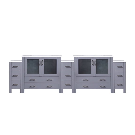 Harborfront 108 in W x 18.25 in D Dark Grey Double Bath Vanity with Side Cabinets and White Ceramic Tops