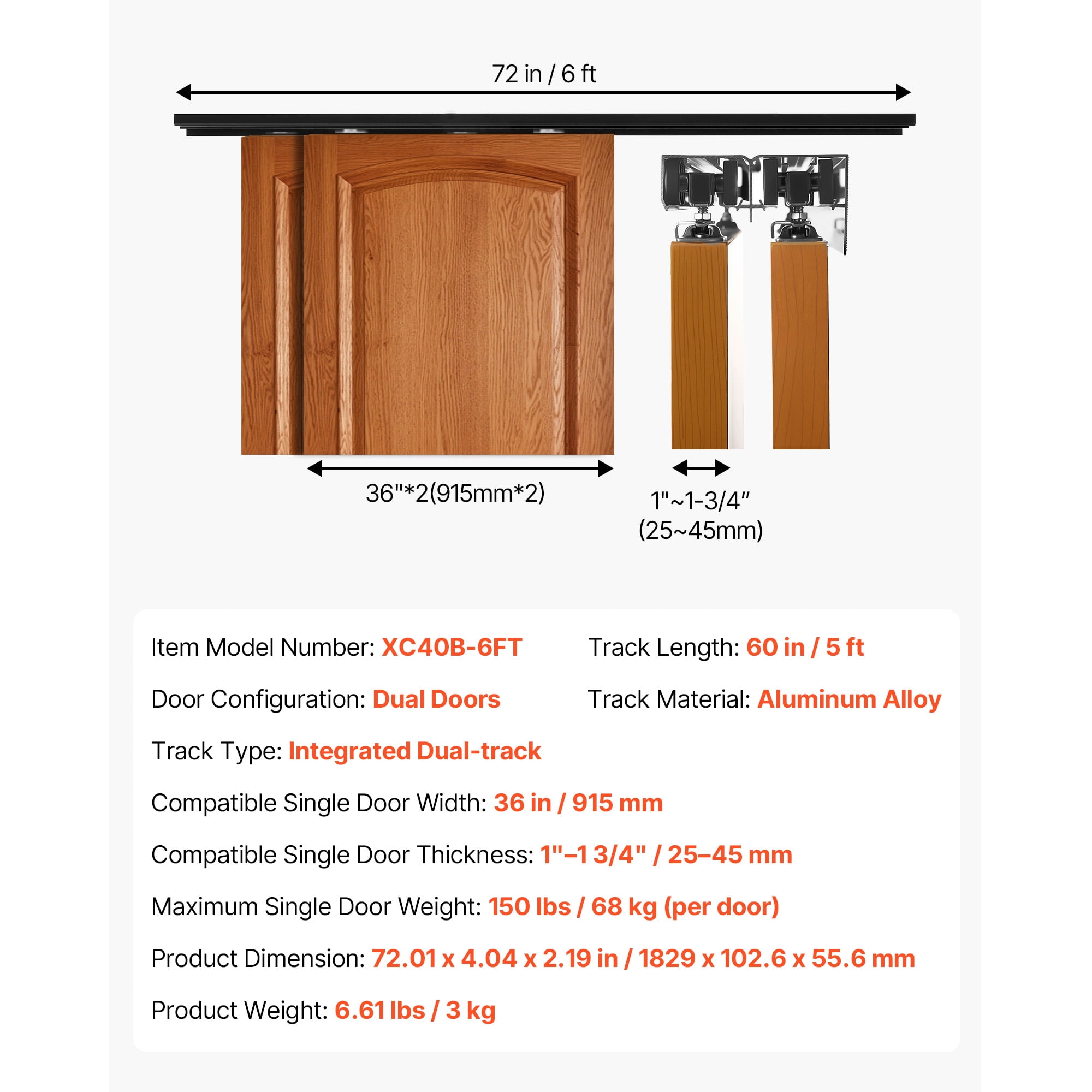 KFFKFF 6 ft Aluminum Alloy Bypass Sliding Door Hardware Kit, Dual-Track System for Smooth and Quiet Operation, Compatible with 1" to 1 3/4" Thick Doors, Fits 36" Wide 2-Door Closets,Easy Installation