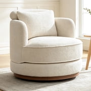 Arouseden 33.8"W Beige Swivel Barrel Chair with a Plump Pillow,Round Swivel Accent Chair with a Circular Wooden Base Ring,Modern Accent Arm Chair for Living Room