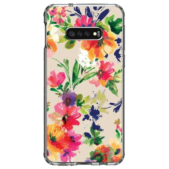 DistinctInk Clear Shockproof Hybrid Case for Samsung Galaxy S10e (5.8" Screen) - TPU Bumper, Acrylic Back, Tempered Glass Screen Protector - Pink Purple Floral Flowers