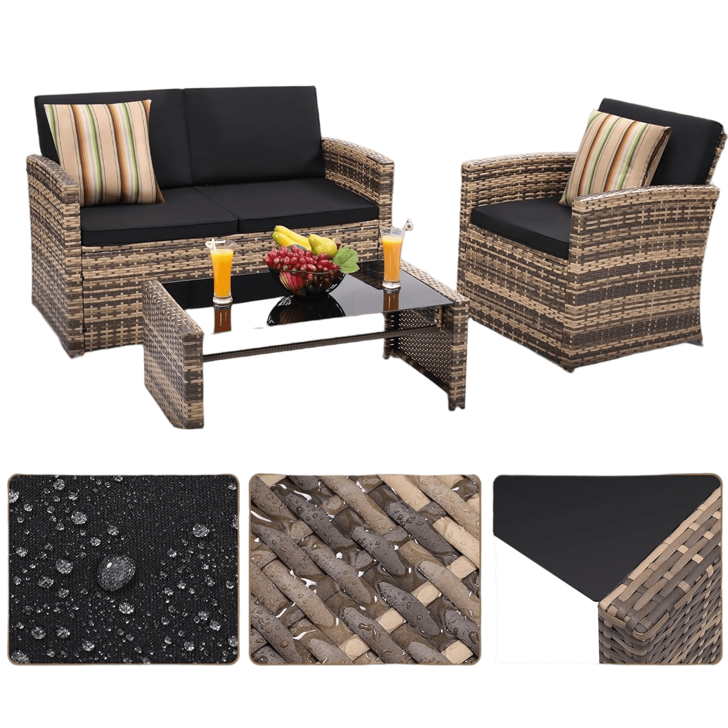 YIORTWO 4-Piece Outdoor Patio Furniture Set, Wicker Sofa Set with Thick Sandwich Cushions, All-Weather Rattan Deep Seating Set with Tempered Glass Table, Black