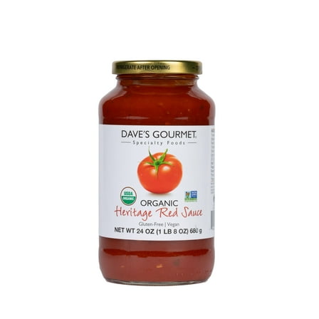 Dave’s Gourmet Organic Heritage Red Tomato Pasta Sauce, Classic Marinara Flavor for Spaghetti Dishes, Shelf-Stable, Gluten-Free, Vegan, 24oz Jar