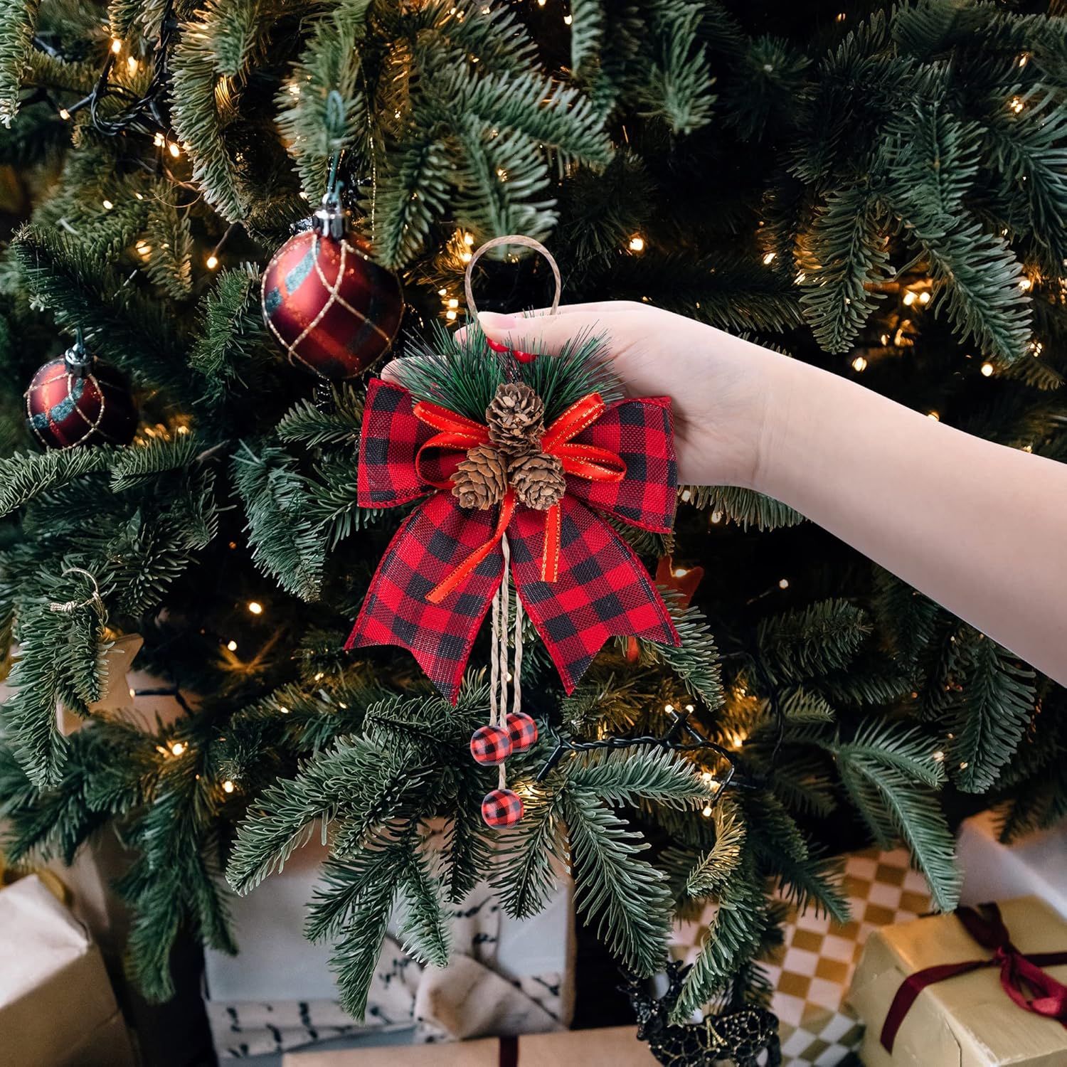 Ebaokuup 6 Pcs Christmas Burlap Plaid Bows with Pine Cones Pine Needles, Large Christmas Decoration Buffalo Plaid Bows, Xmas Wreath Bow Buffalo Check Bow for Holiday Crafts Home Party Tree Decor