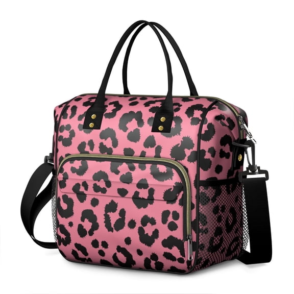 Pink and Black Of Leopard Print Womens Lunch Box for Work,Insulated Large Lunch Bag for Tween and Teen,Loncheras Para Mujer,Leakproof Adult Lunch Bag for Work,Beach,Travel,Picnic,Camping