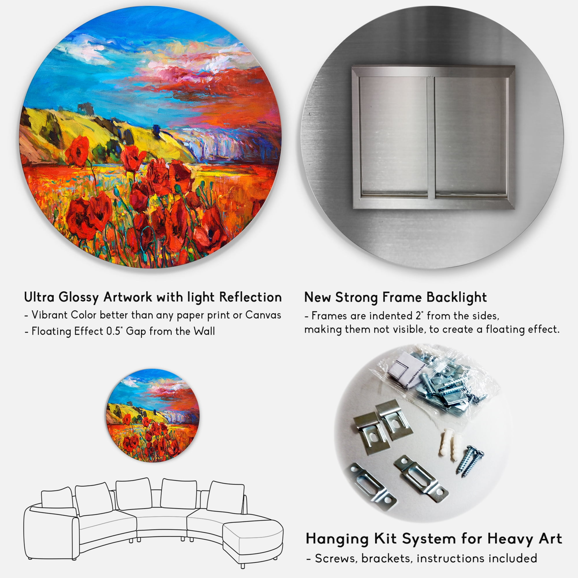 Designart 'Blossomg Red Poppies Under A Blue Sky' Traditional Circle Metal Wall Art 36x36 - Disc of 36