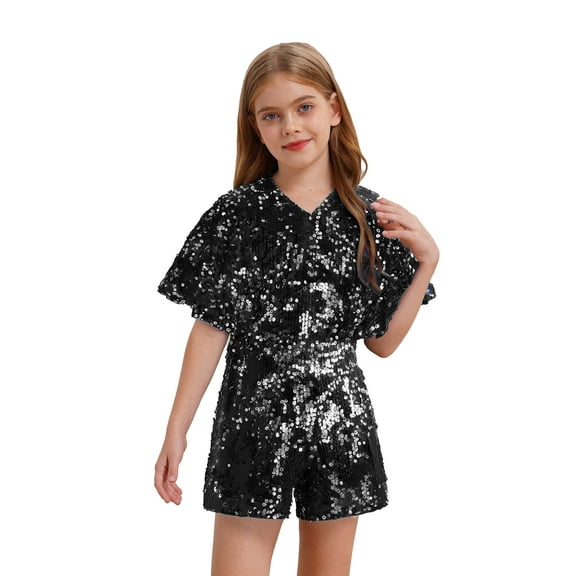 iixpin Kids Girls Sequins Cap Sleeve Short Jumpsuit Sparkly V-Neck Formal Party Romper Disco Dance Romper Black 16
