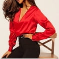 thumbnail image 2 of Gyexs Business Casual Tops for Women Satin Silk Blouse Collared V Neck Long Sleeve Work Shirts Dressy Tops Fall Clothes Red, Size L, 2 of 8