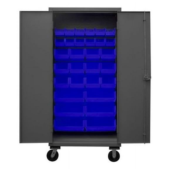 Durham HDCM36-30-5295 12 Gauge Recessed Door Style Lockable Mobile Cabinet with 30 Blue Hook on Bins, Gray - 36 in.