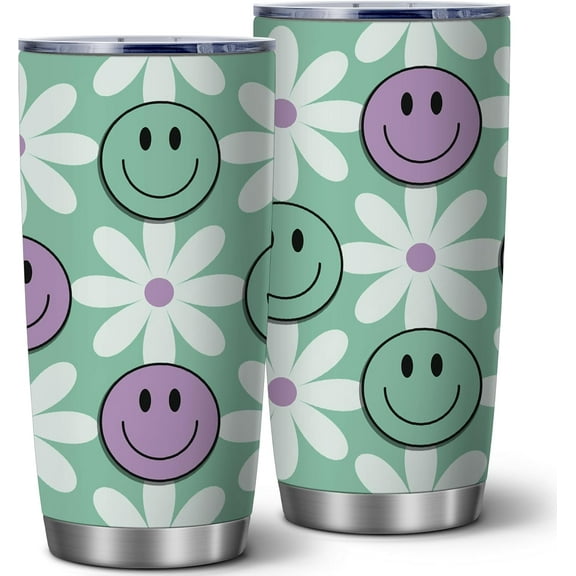 Retro Daisy Smile Face Seamless 20oz Insulated Tumbler | Stainless Steel Vacuum Tumbler Travel Coffee Mugs with Lid | Floral Smile Gifts For Women, Girl, Mom On Birthday Christmas