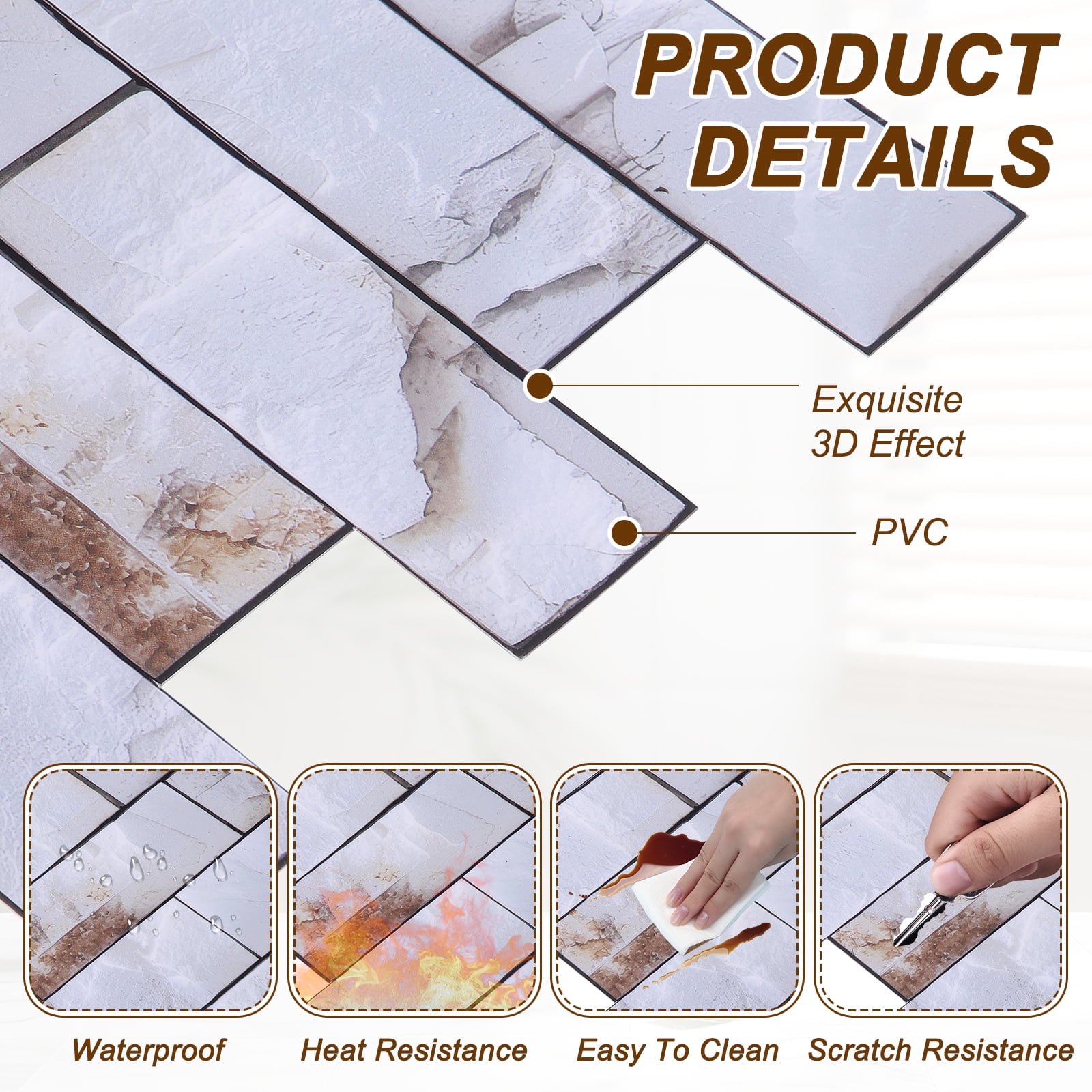 Uxcell 10Pcs Peel and Stick Backsplash Tiles 10.6" x 10.6" 3D Thickened Stone Texture Self-Adhesive Tile Stickers Wallpaper Wall for Kitchen Bathroom Bedroom, Beige Yellow