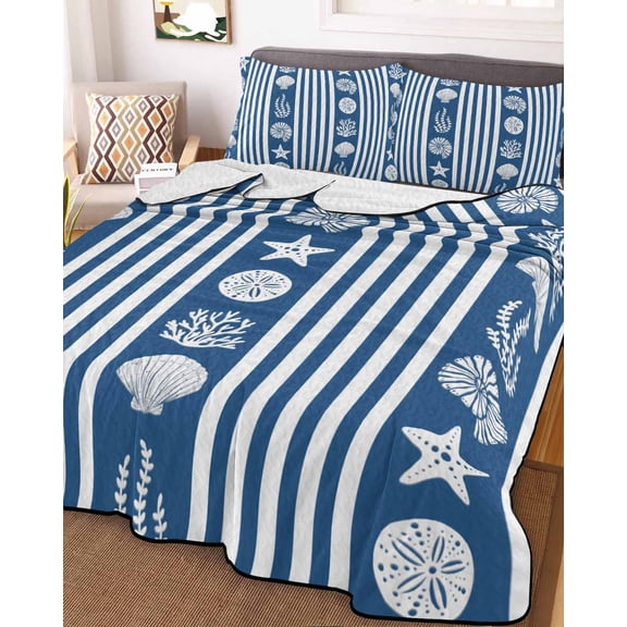 Navy Blue Striped Coastal Twin XL Size Down Alternative Comforter,Lightweight Comforter Quilt Bedding Set with Pillow Shams Nautical Beach Starfish Shell Bed Comforter Duvet Insert 68"x98"