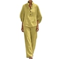 thumbnail image 4 of DYTTDG Women's Linen Blend 2-Piece Outfit | V-Neck Batwing Sleeve Top & Wide Leg Pants Casual Set, Loose Fit Summer Wear, 4 of 8