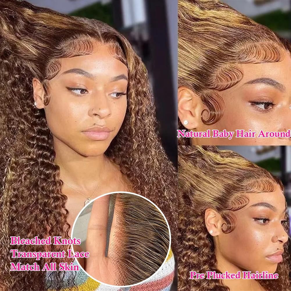 Firstbeauty Highlight Ombre Lace Front Wigs 100% Human Hair 4/27 180% Density Honey Blonde Water wave Wig Human Hair Lace Frontal Wigs 20inch Pre Plucked Wet and Wavy Curly Wigs