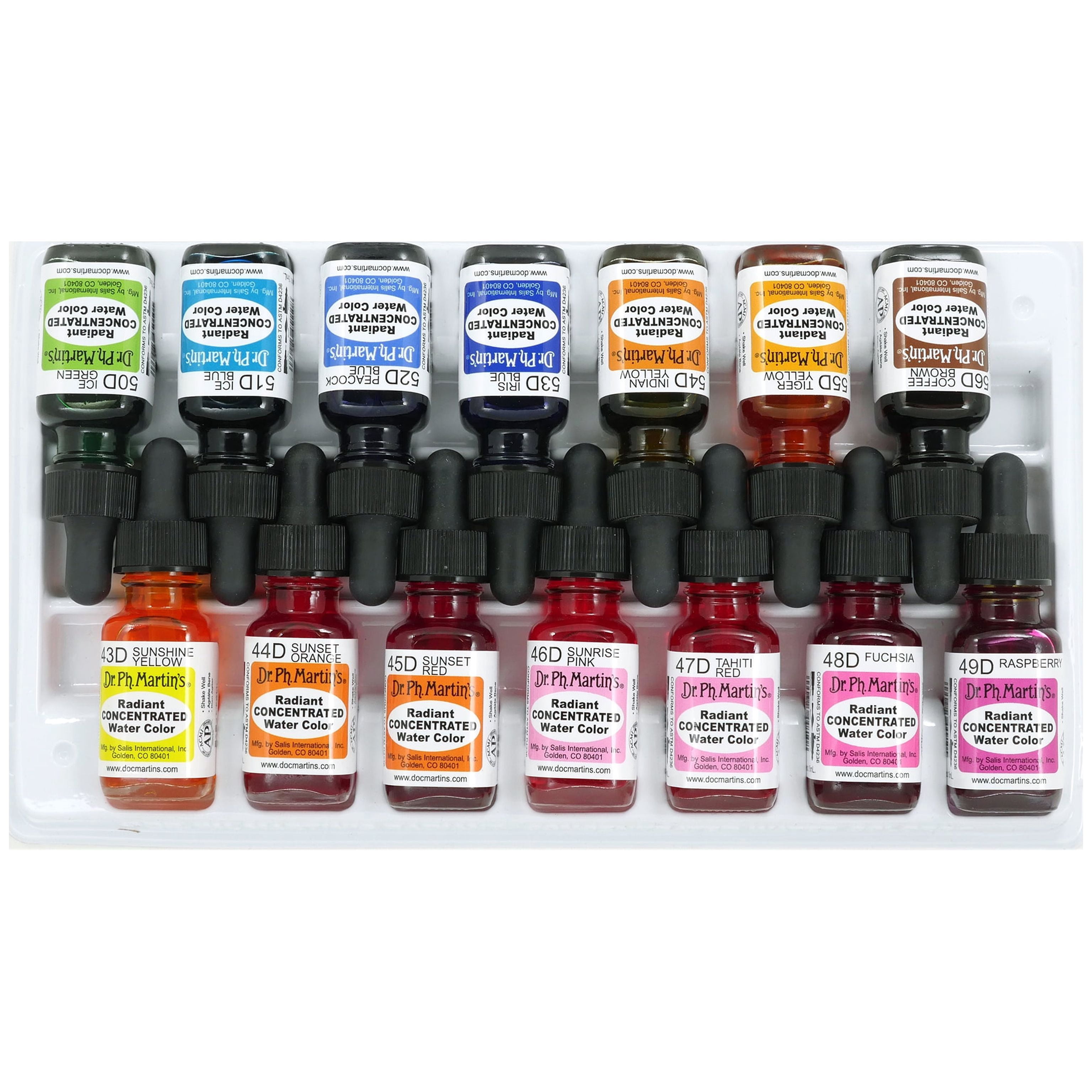 Dr. Ph. Martin's® Radiant Concentrated Water Color (Set D) Watercolor Set, ½ US fl oz, Set D Colors, 1 Set of 14 Bottles