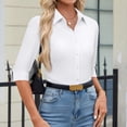 thumbnail image 6 of Women Button Down Shirts 3/4 Sleeve Basic Business Dress Shirt Collared Work Office Slim Fitted Classic V Neck Button Up Blouse Tops White XL, 6 of 6