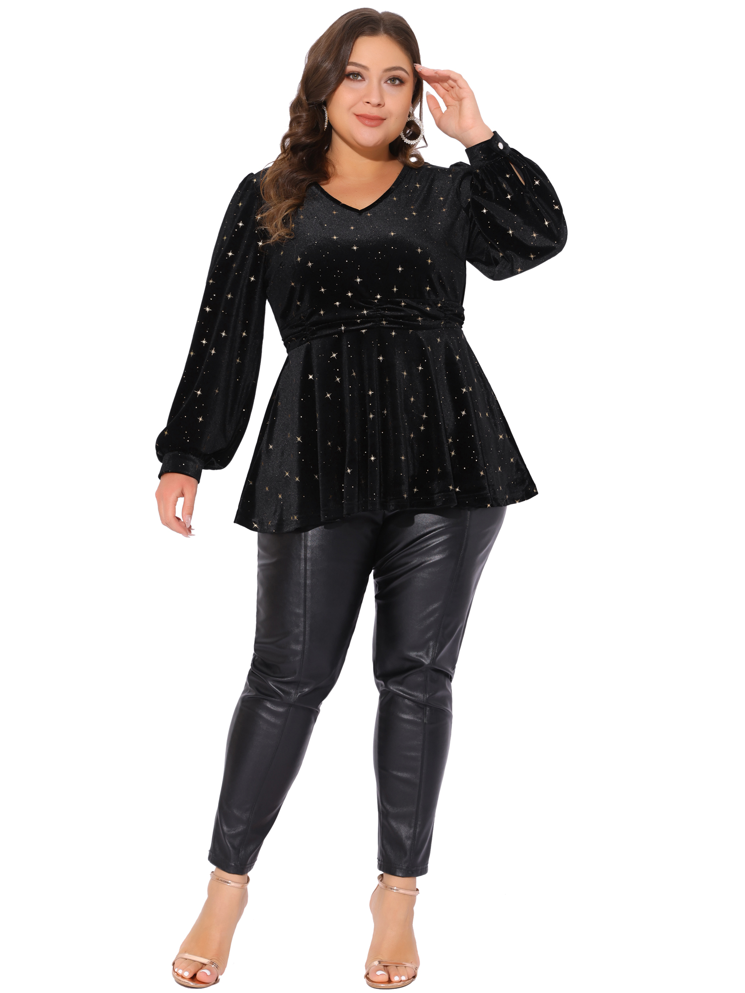 DARING DIVA Women's Plus V Neck Long Sleeve Gilding Metallic Stars Blouse 2X Black