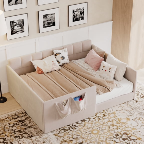 Pink Full Size Daybed Velvet Upholstered Sofa Bed with High Side Panels – Mdf, Space-Saving, Storage, for Living Room